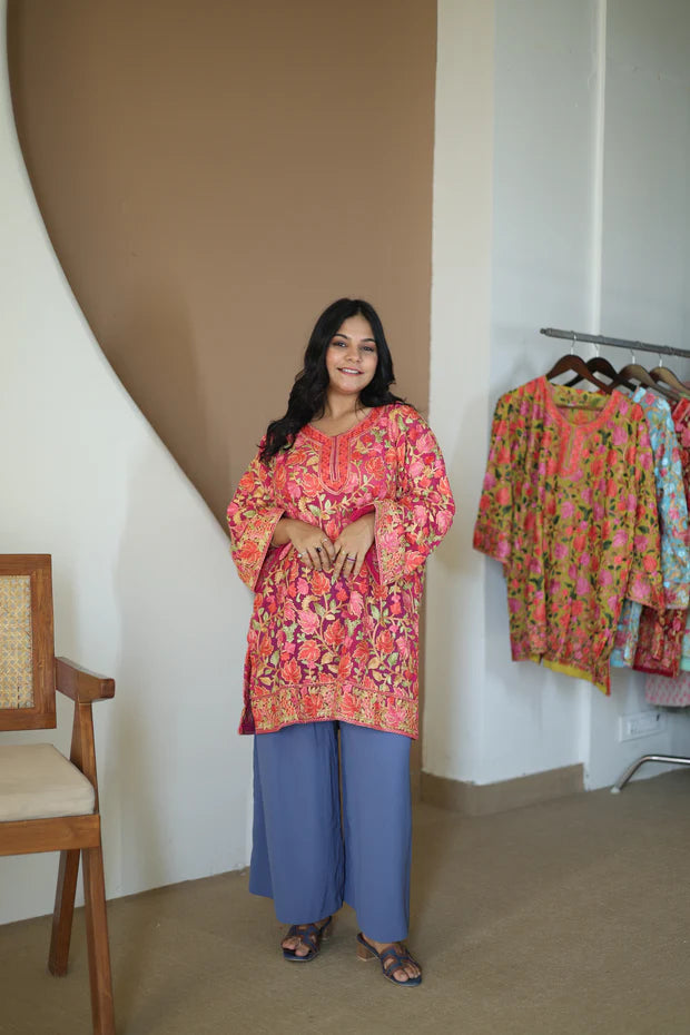 Chiffon Crushia hand work kurti blush pink