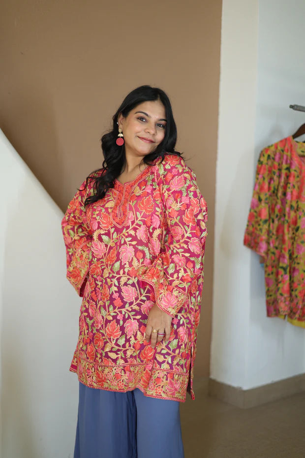 Chiffon Crushia hand work kurti blush pink