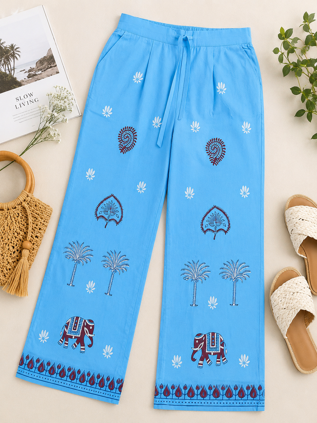 Sky Blue Cotton Printed Pant