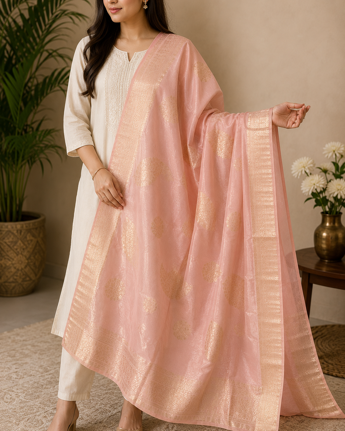 Ashvastra Noor-e-Gul Pink Dupatta - Detail & Fabric Shot