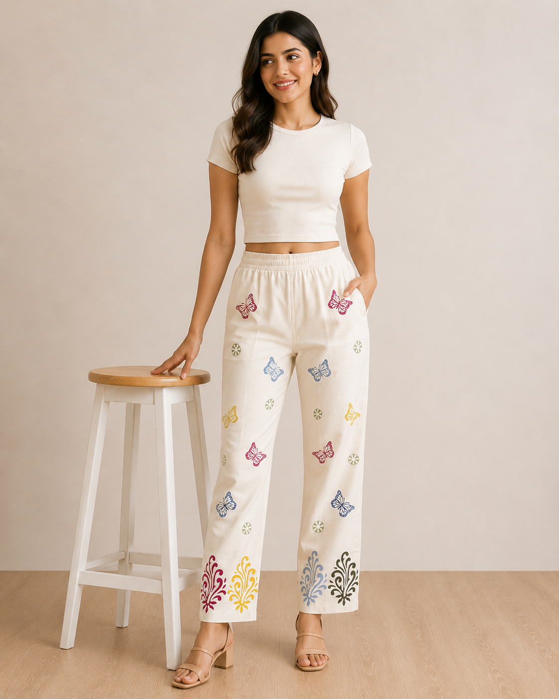 White Cotton Printed Pant