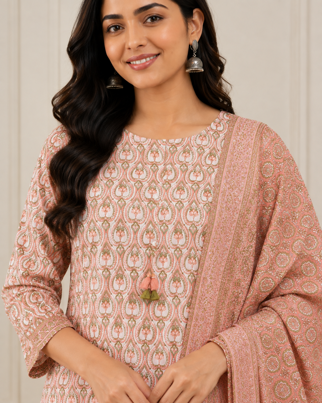 Ashvastra Gulnaar Peach Cotton Set - Detail & Fabric Shot