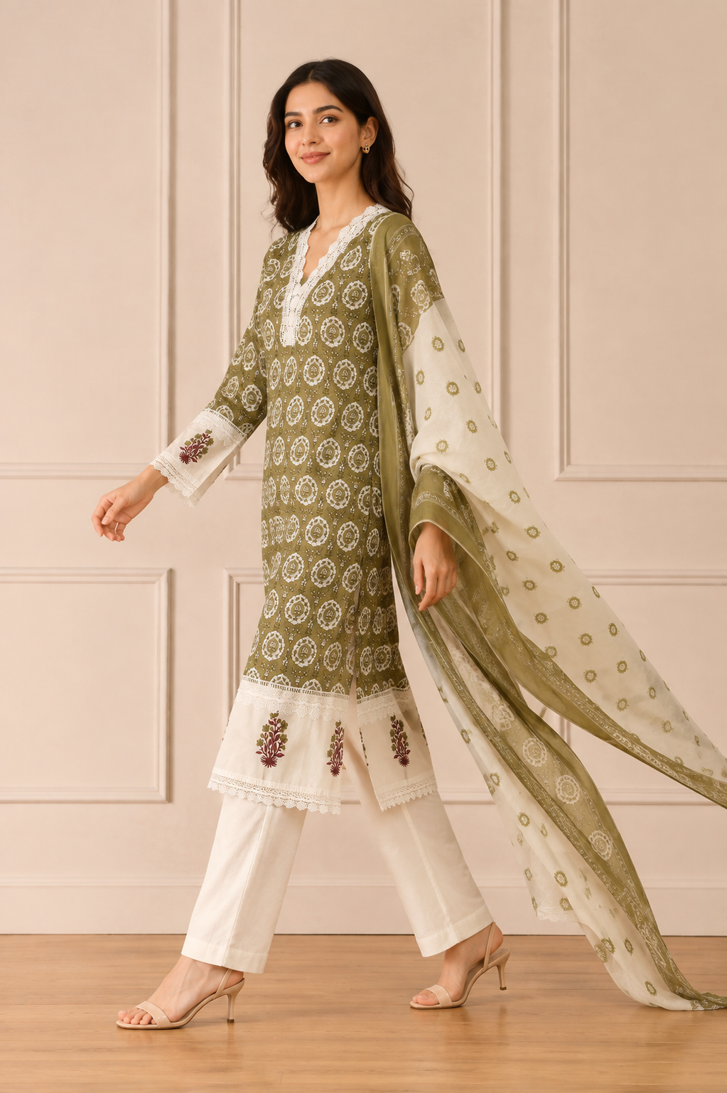 Ashvastra Meher Olive Cotton Set - Side Profile & Fit