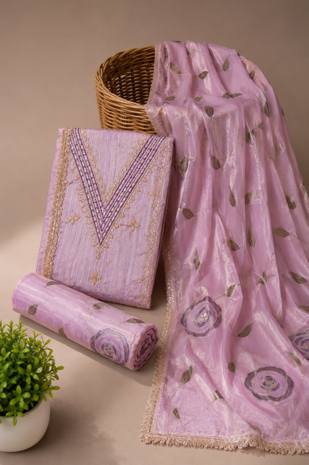 Ashvastra Meher Gota Patti Hand Embroidered Unstitched Suit Set (Blush Pink) - Back View