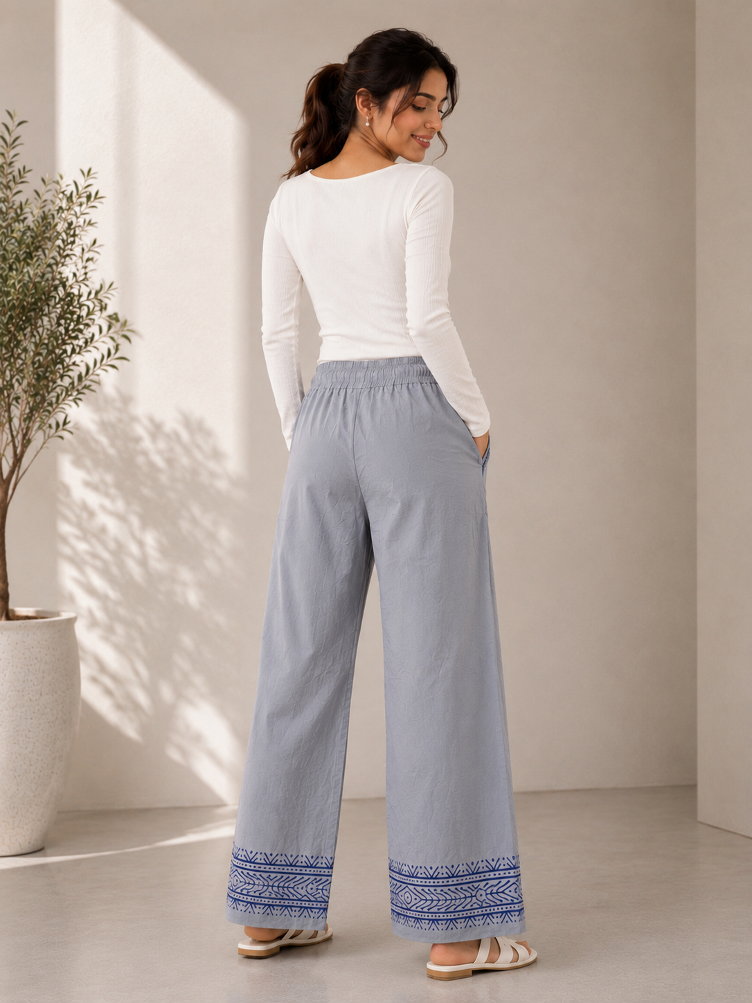 Light Grey Cotton Printed Pant
