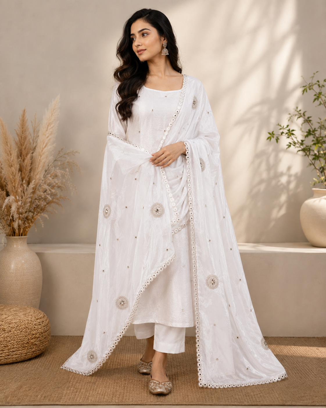 Noor White Floral Dupatta