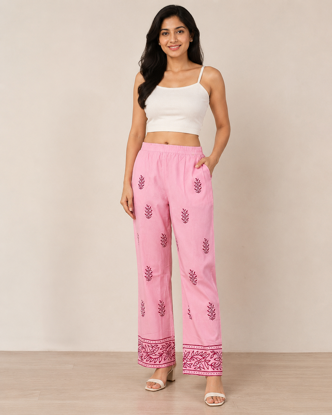 Baby Pink Cotton Printed Pant
