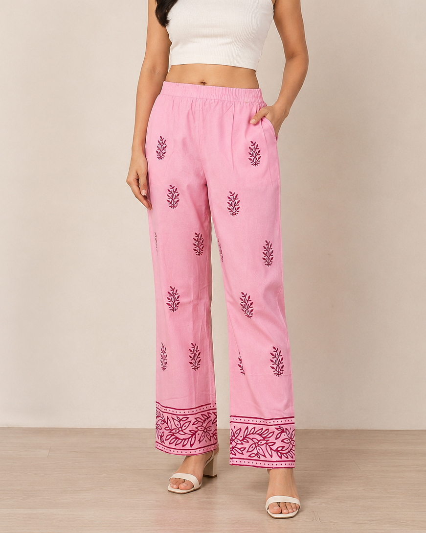 Baby Pink Cotton Printed Pant