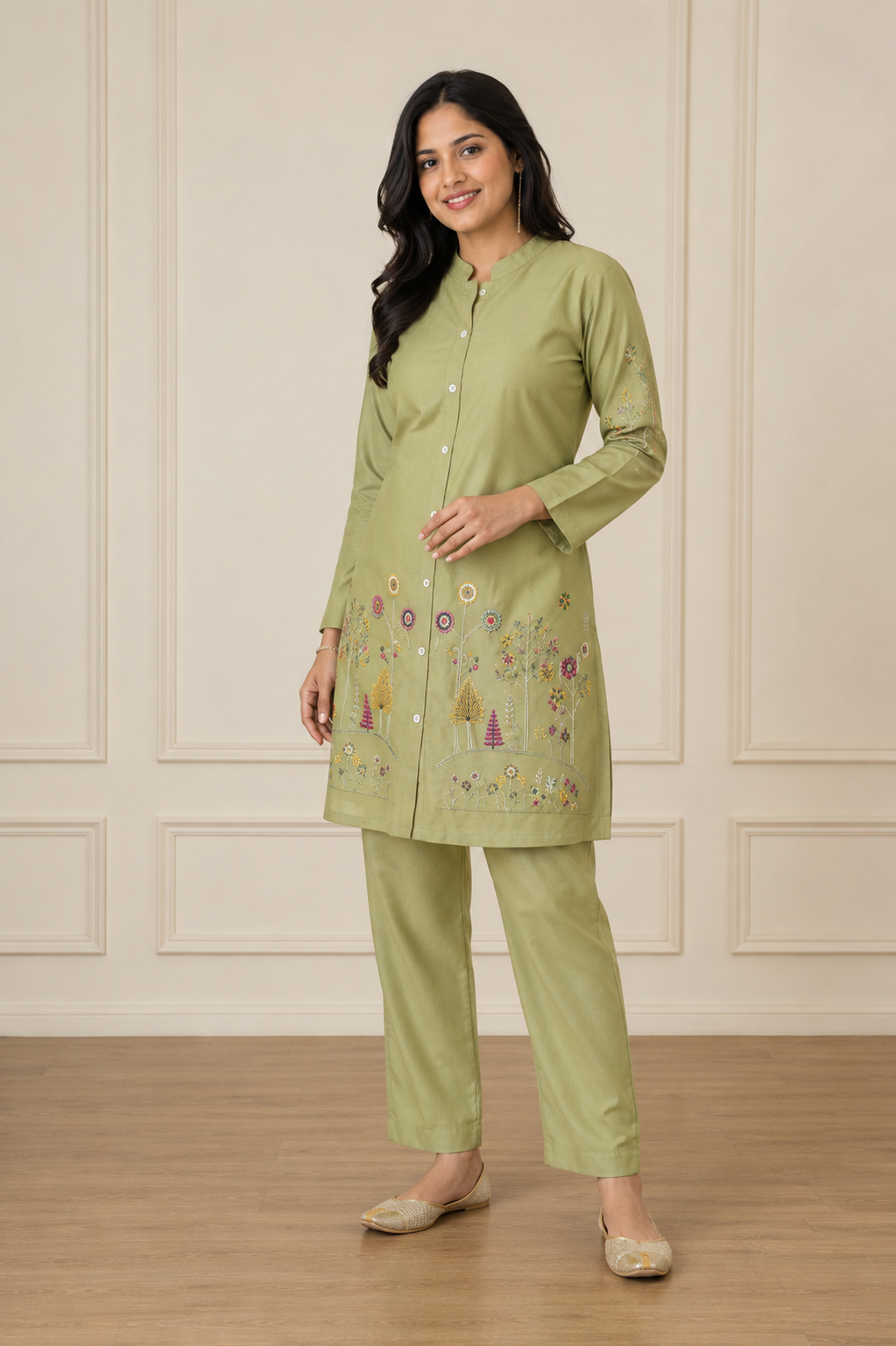 Mehakti Parrot Green Cotton Cord-ord set