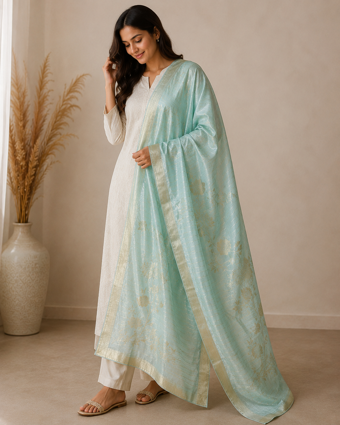 Ashvastra Sitara Mint Floral Dupatta - Side Profile & Fit