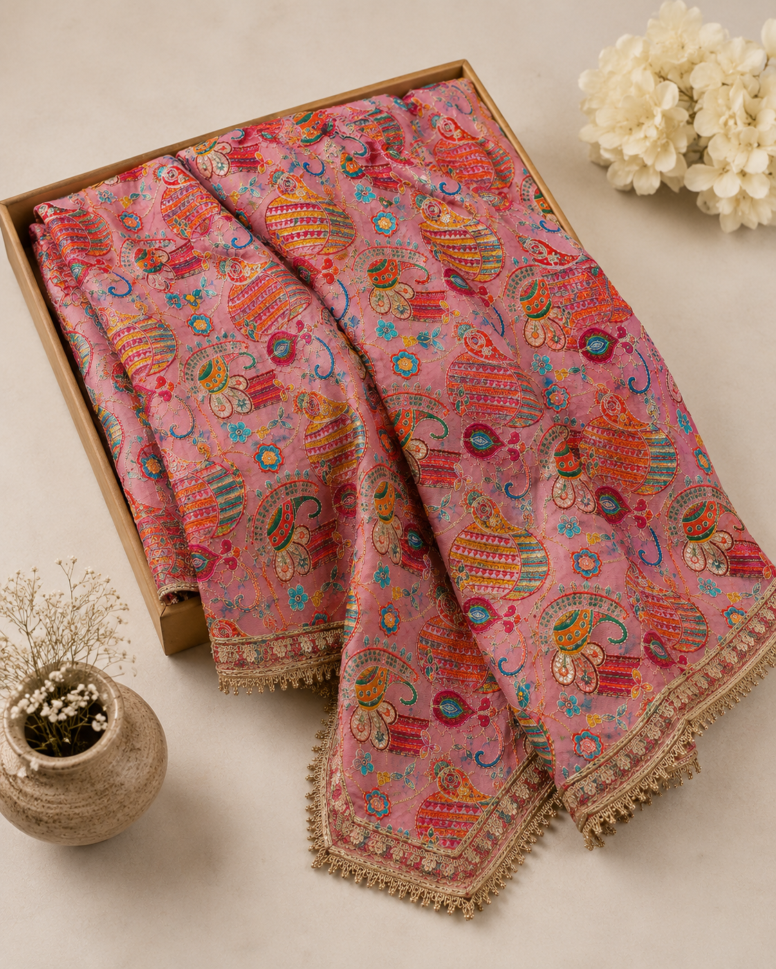 Ashvastra Gulabi Rangrez Pink Printed Dupatta - Back View