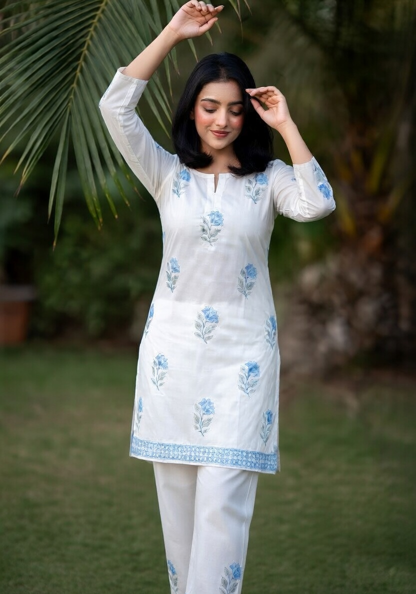 Elegant White Hand-Block Floral Tunic Set for Women