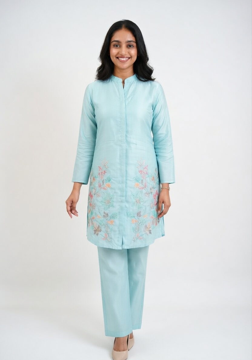Azure Blossom Embroidered Co-ord Set (Modern & Classy)