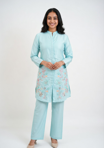 Azure Blossom Embroidered Co-ord Set (Modern & Classy)