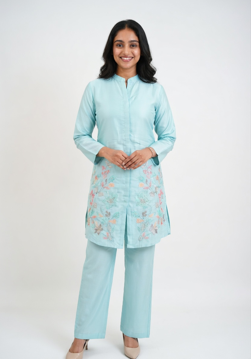 Azure Blossom Embroidered Co-ord Set (Modern & Classy)