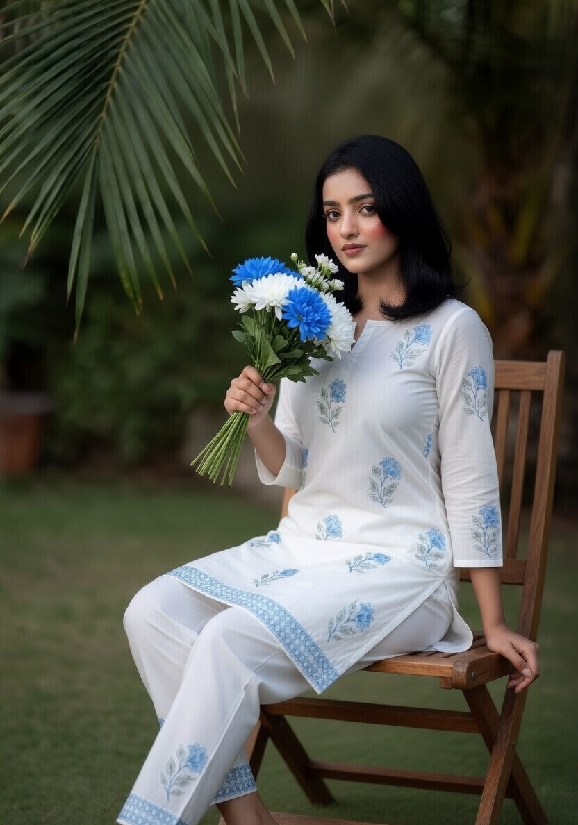 Elegant White Hand-Block Floral Tunic Set for Women