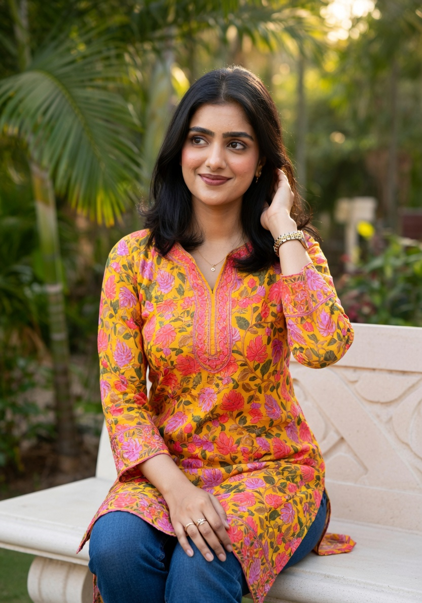 Mustard Yellow Floral Embroidered Kurti with Pink Thread Work