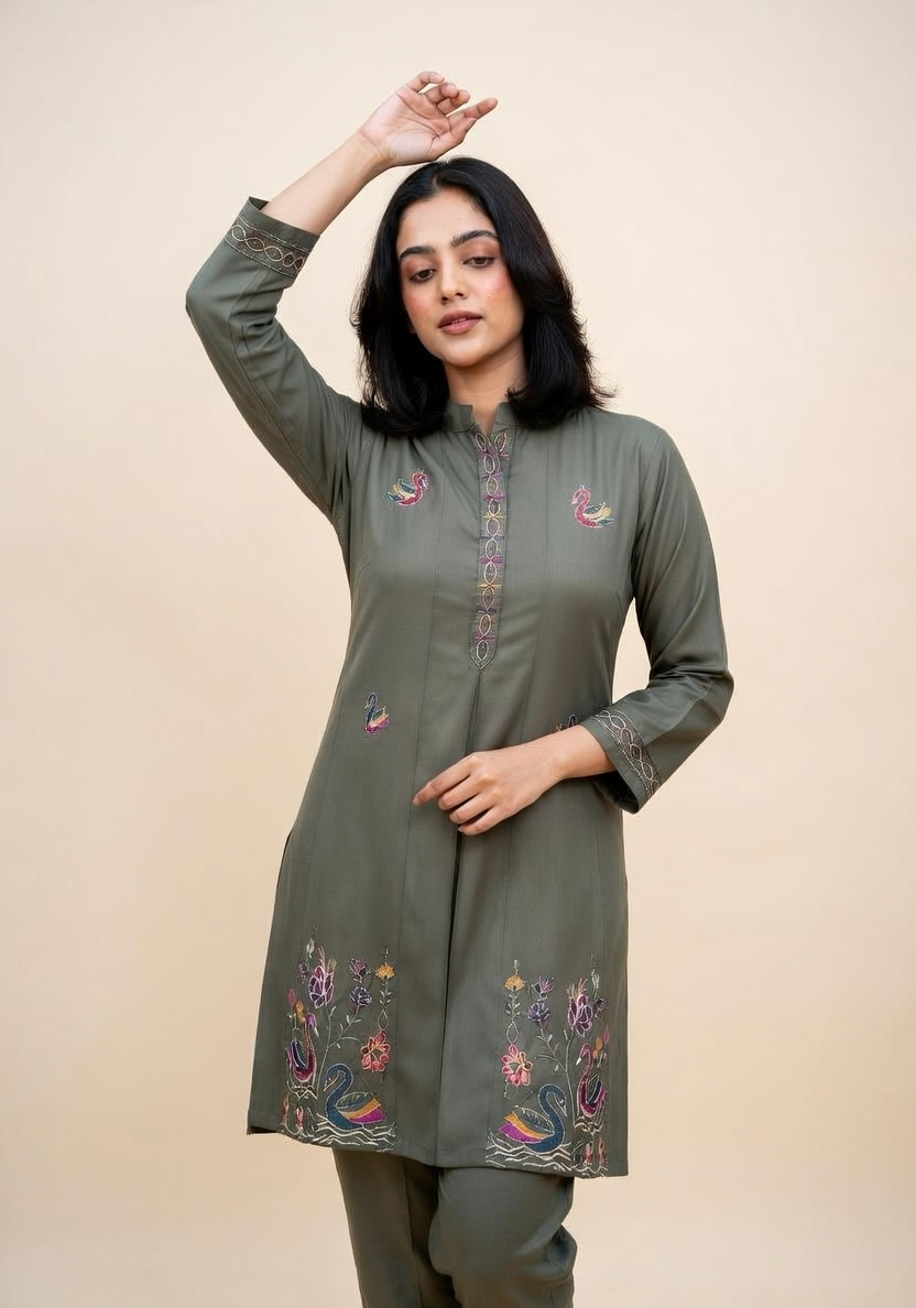 Olive Green Swan Embroidered Silk Co-ord Set