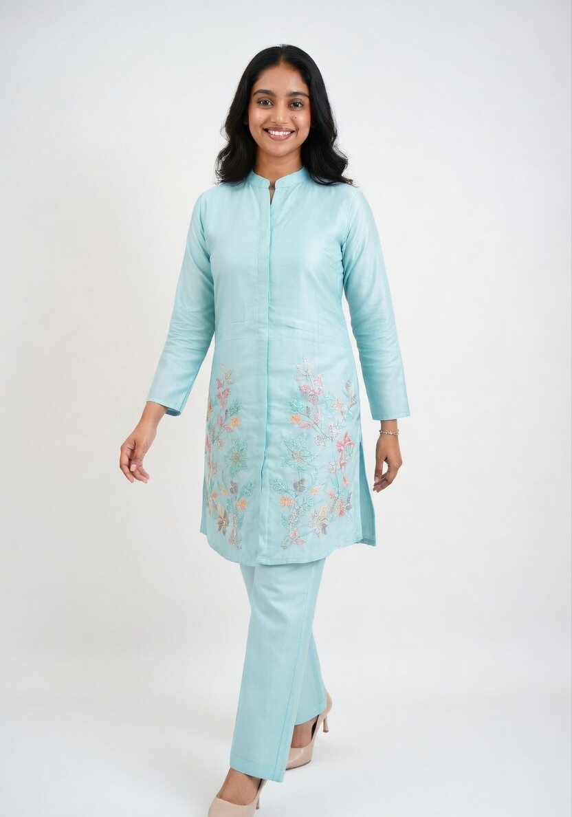 Azure Blossom Embroidered Co-ord Set (Modern & Classy)