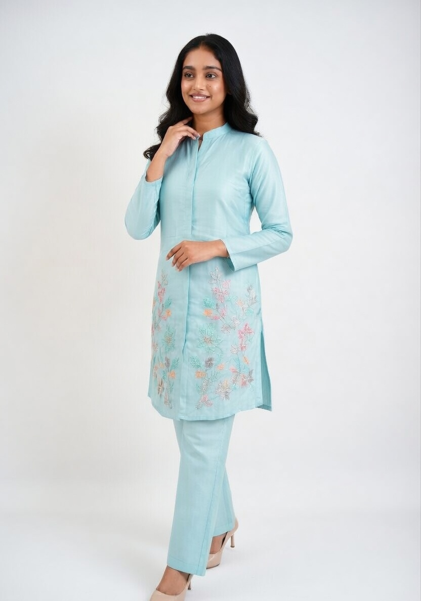 Azure Blossom Embroidered Co-ord Set (Modern & Classy)