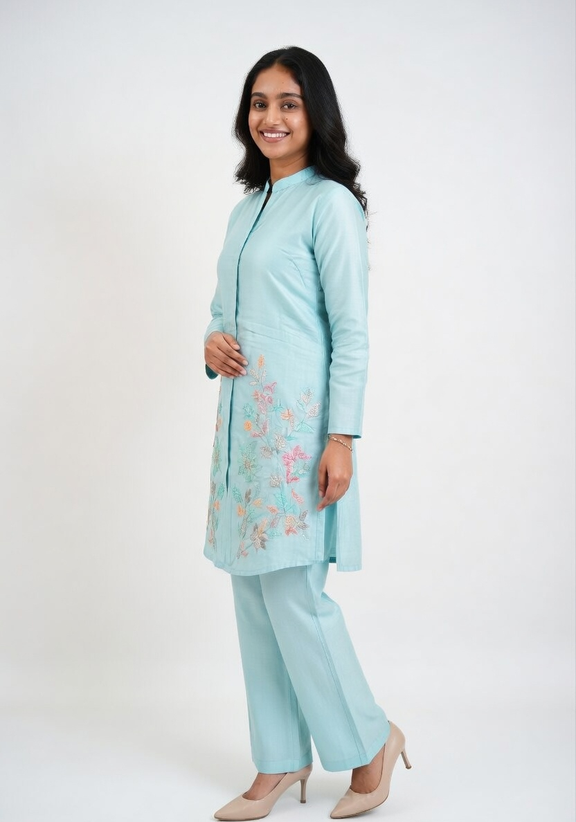 Azure Blossom Embroidered Co-ord Set (Modern & Classy)