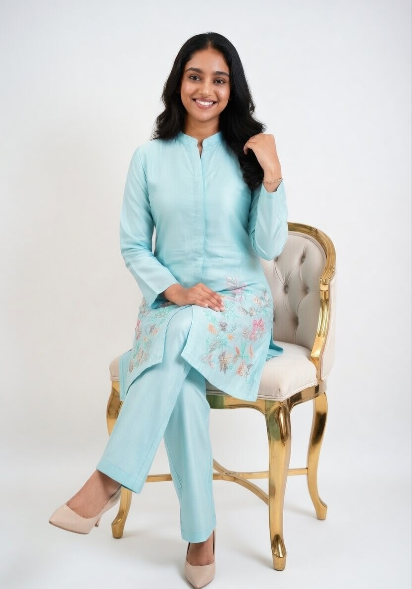 Azure Blossom Embroidered Co-ord Set (Modern & Classy)