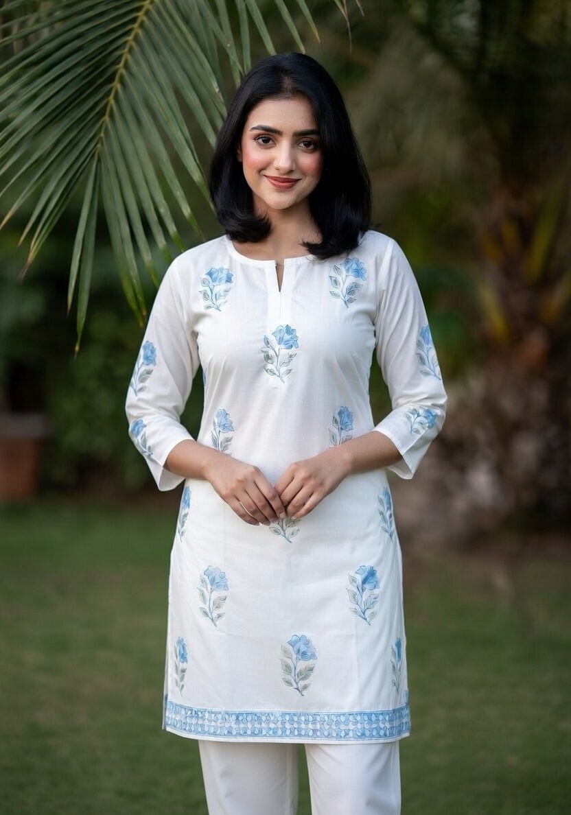 Elegant White Hand-Block Floral Tunic Set for Women