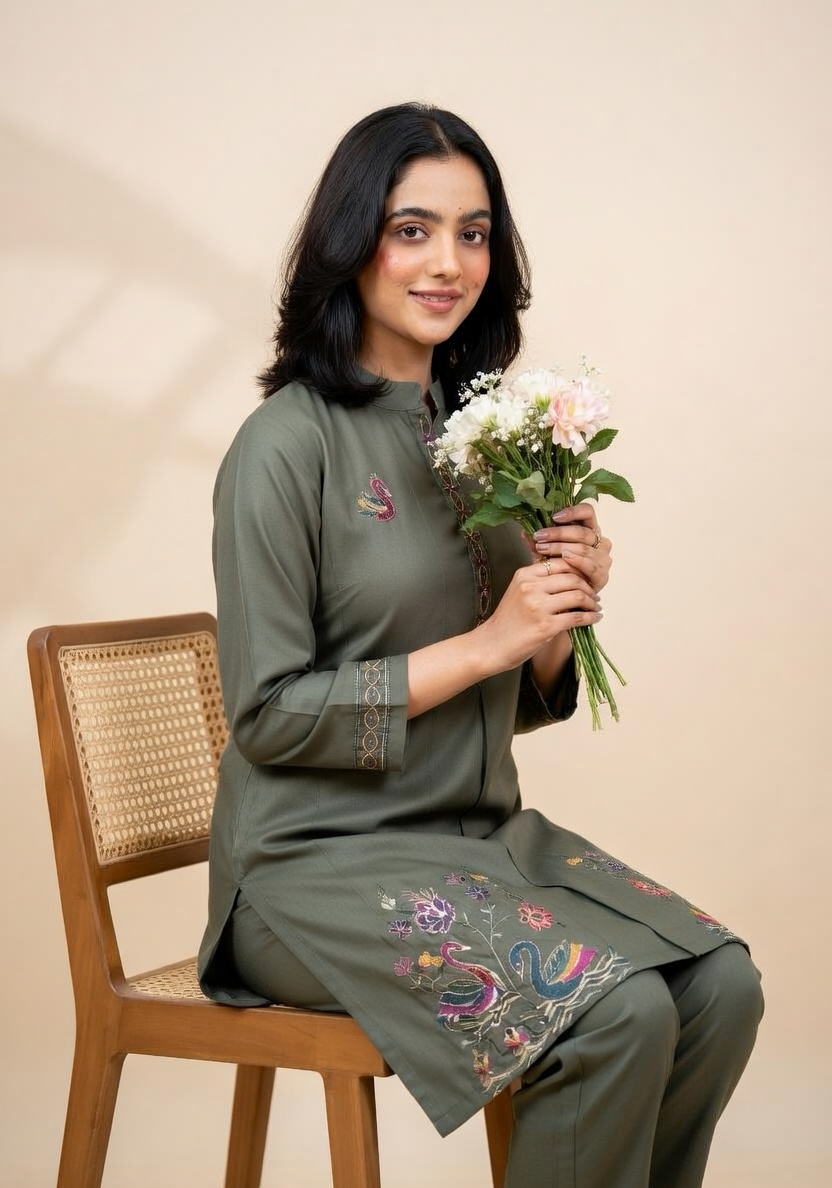 Olive Green Swan Embroidered Silk Co-ord Set