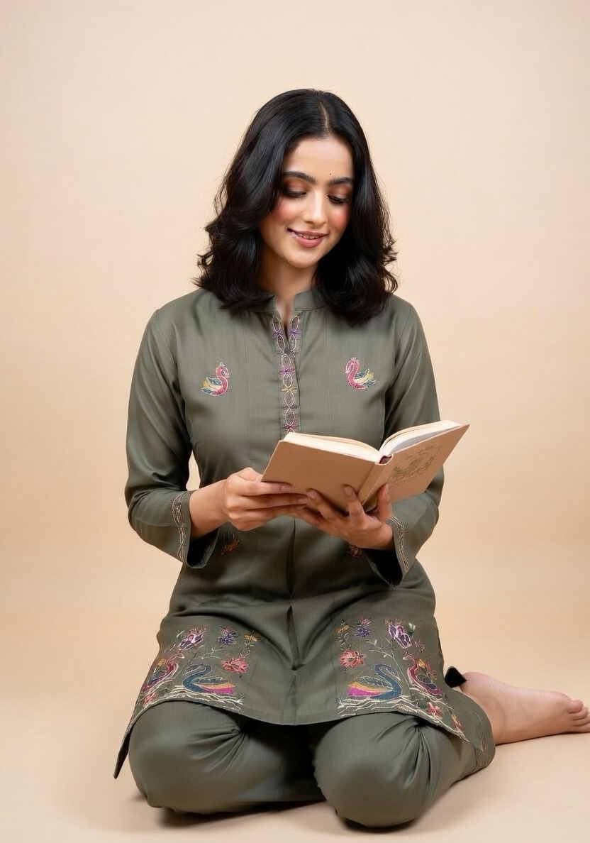Olive Green Swan Embroidered Silk Co-ord Set