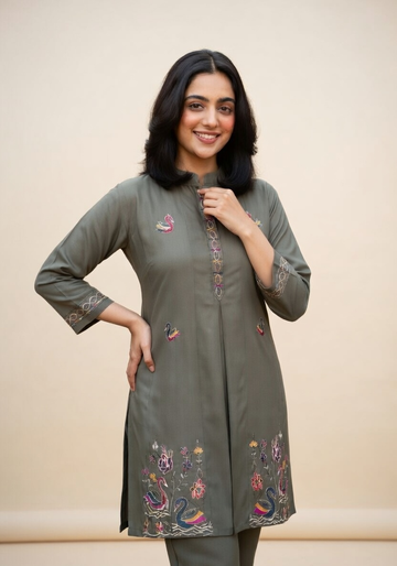 Olive Green Swan Embroidered Silk Co-ord Set