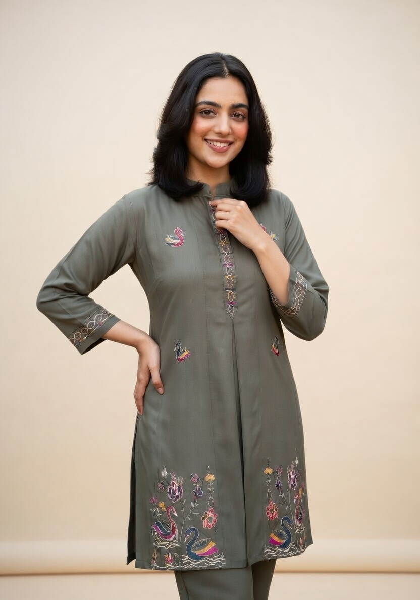 Olive Green Swan Embroidered Silk Co-ord Set