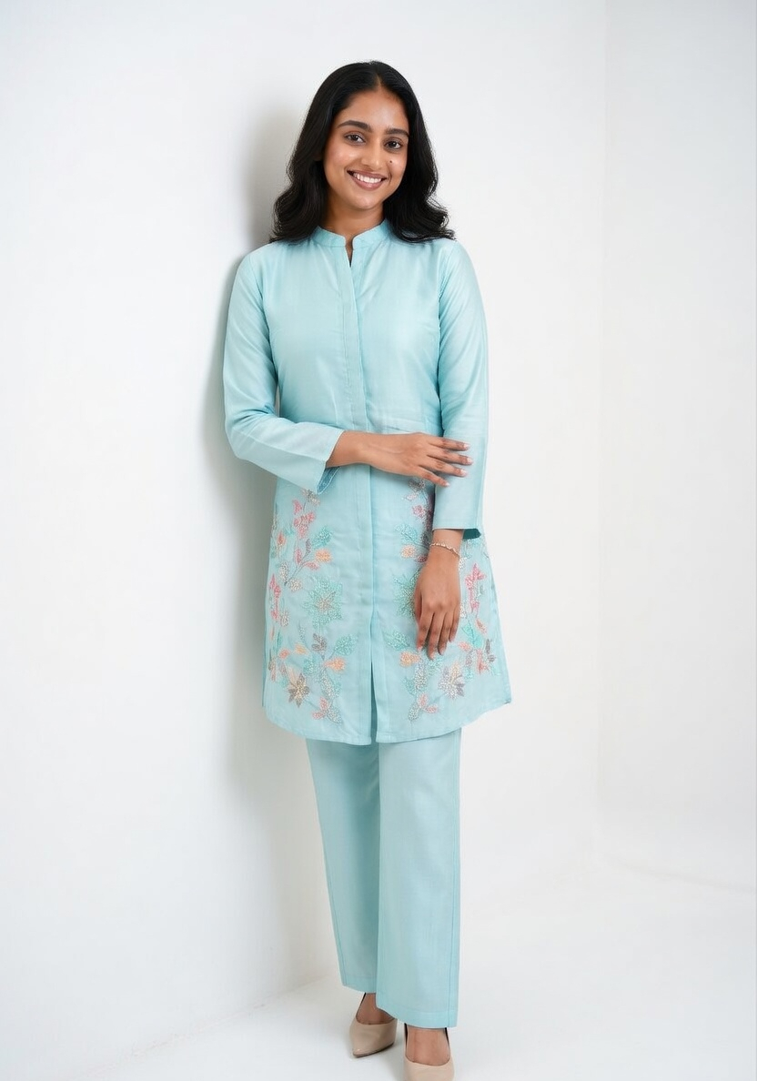 Azure Blossom Embroidered Co-ord Set (Modern & Classy)