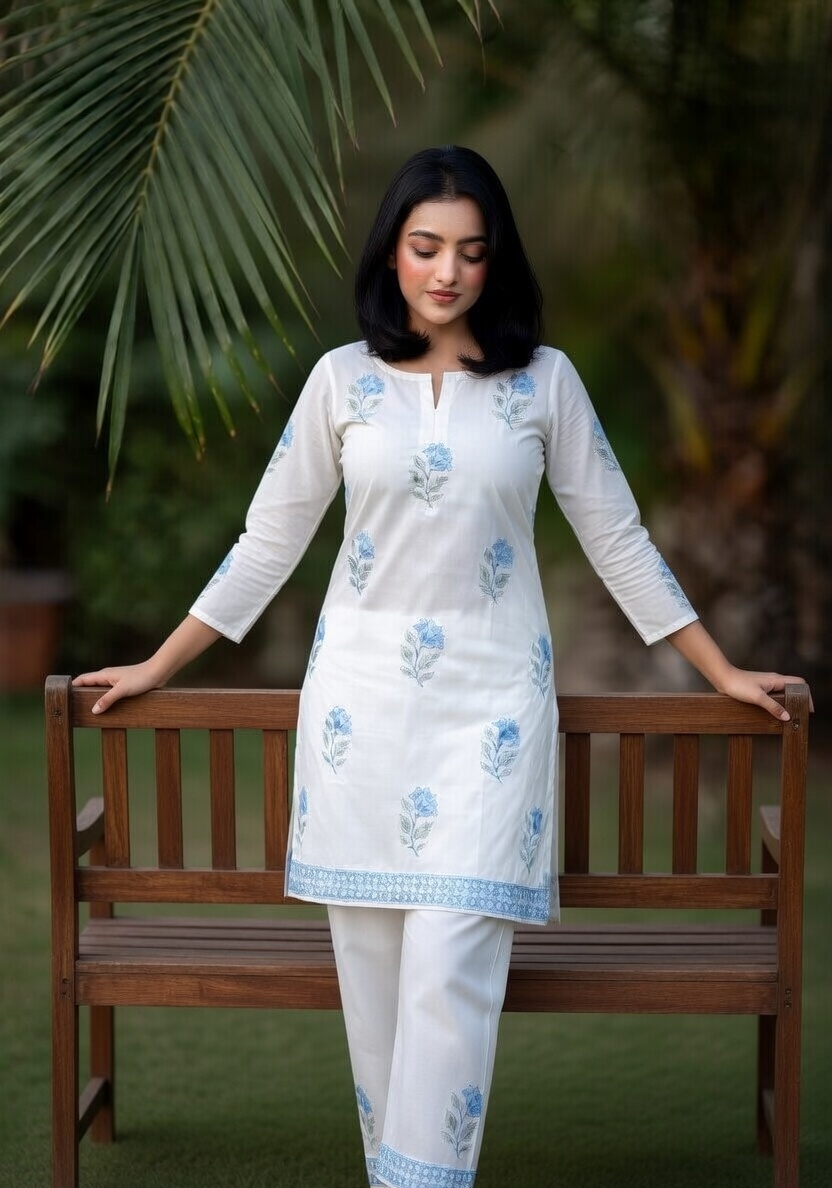 Elegant White Hand-Block Floral Tunic Set for Women