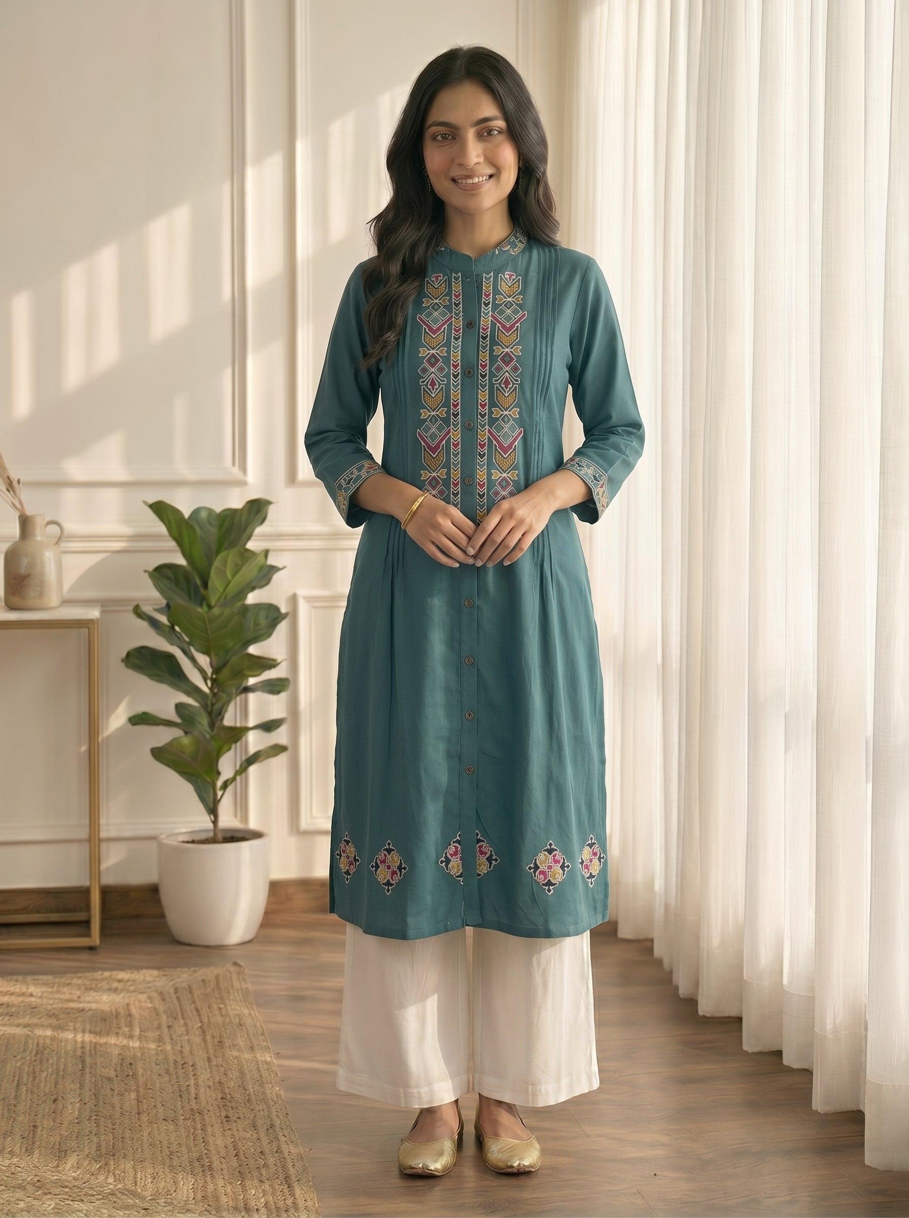 Teal Co-Ord Set with Thread Embroidery