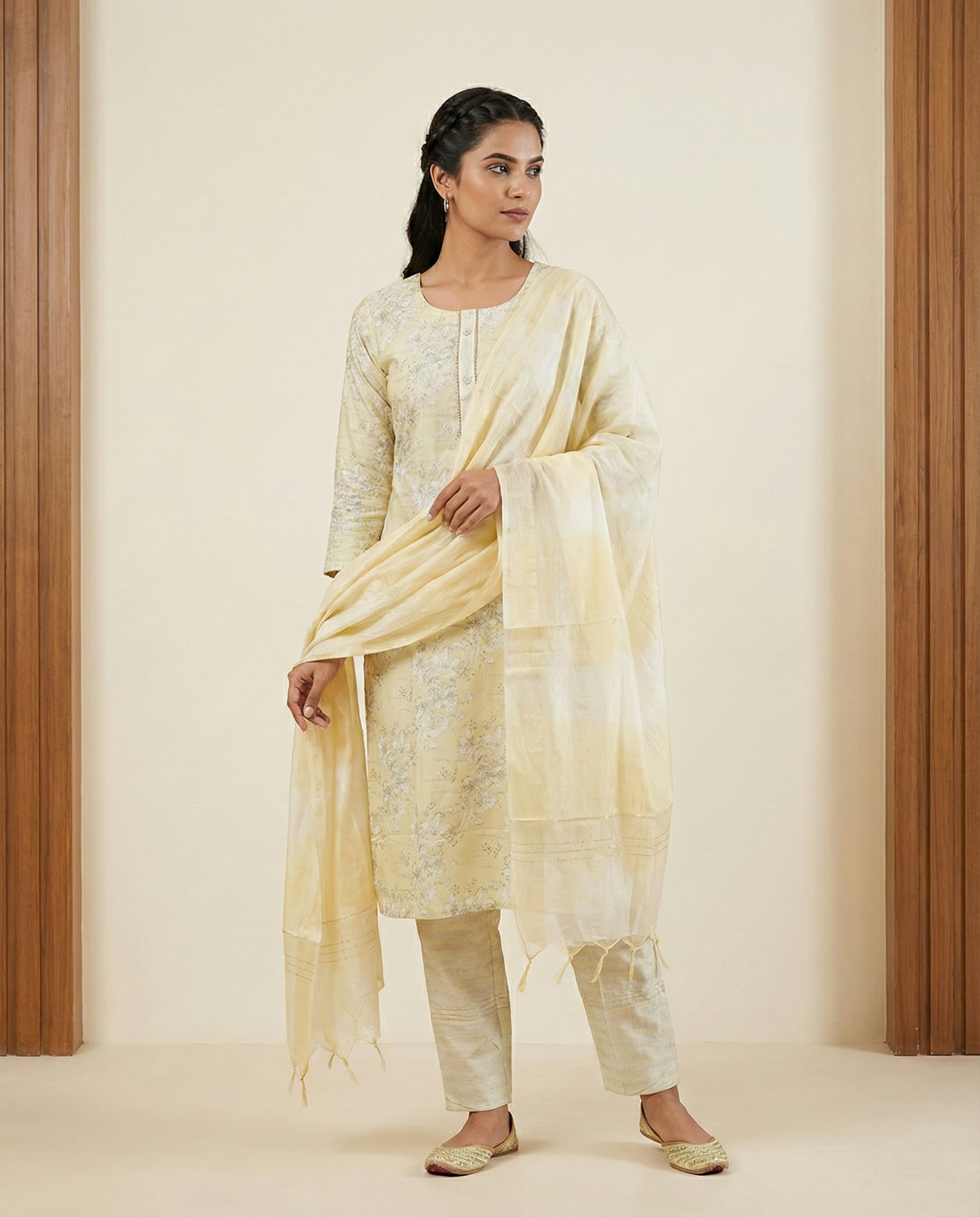 Light Yellow Floral Jacquard Kurti & Pant Set with Dupatta – Elegant Ethnic Wear