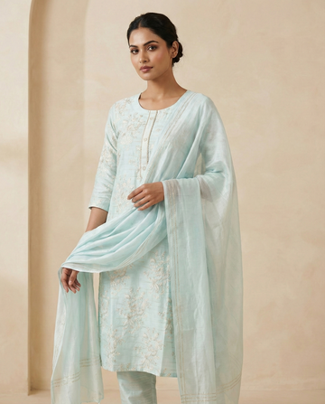 Light Aqua Blue Jacquard Kurti, Pant & Dupatta Set – Premium Ethnic Wear for Women