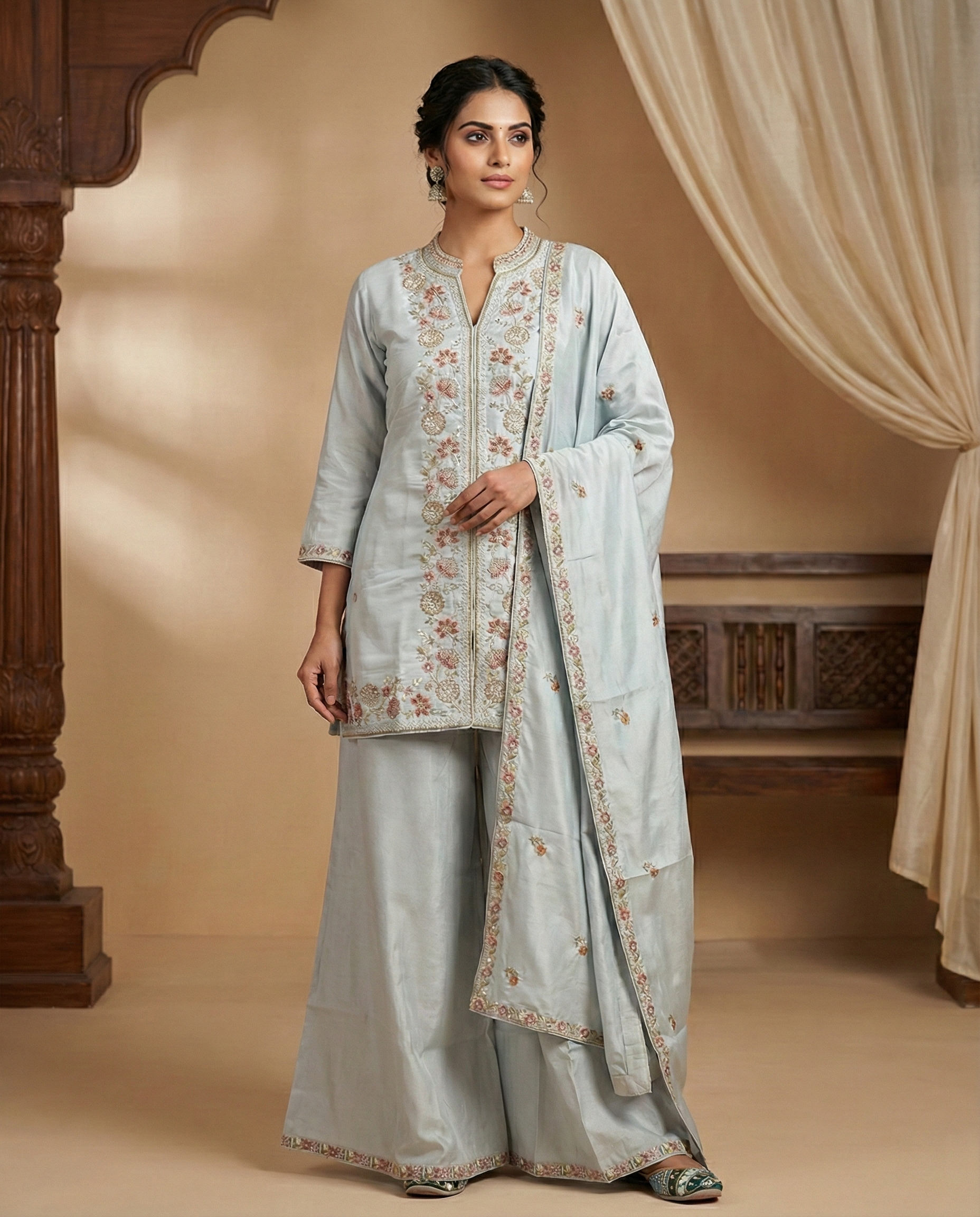 Powder Blue Embroidered Kurta Set with Flowing Sharara