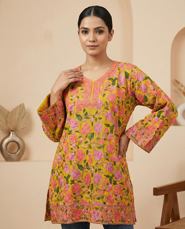 Mustard Yellow Floral Embroidered Kurti with Pink Thread Work
