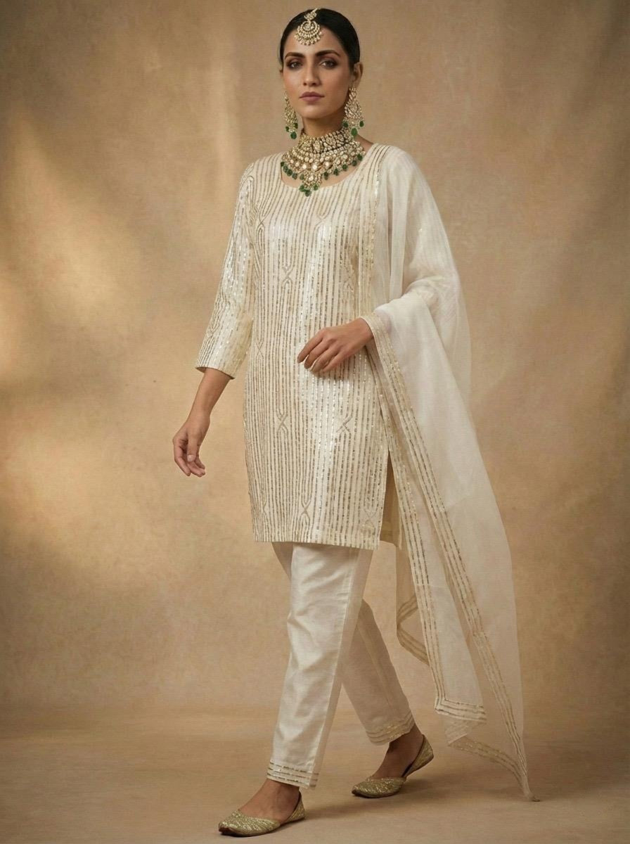 Ivory Elegance Hand-Embellished Kurta Set with Chiffon Dupatta